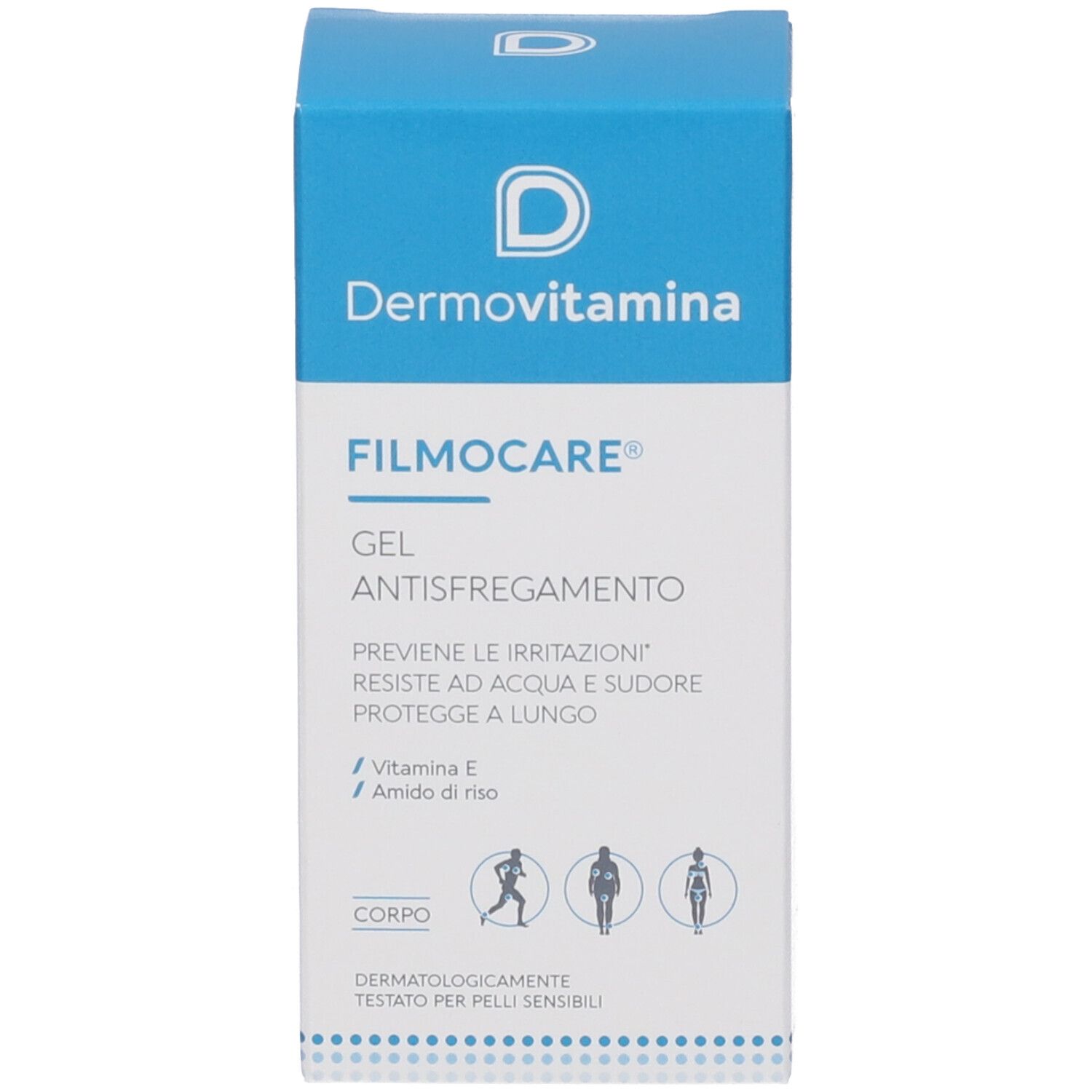 Confezione bianca con coperchio blu. Nome e logo del prodotto. Testo: Gel anti-sfregamento, protegge da irritazioni, acqua e sudore. Contiene vitamina E.
