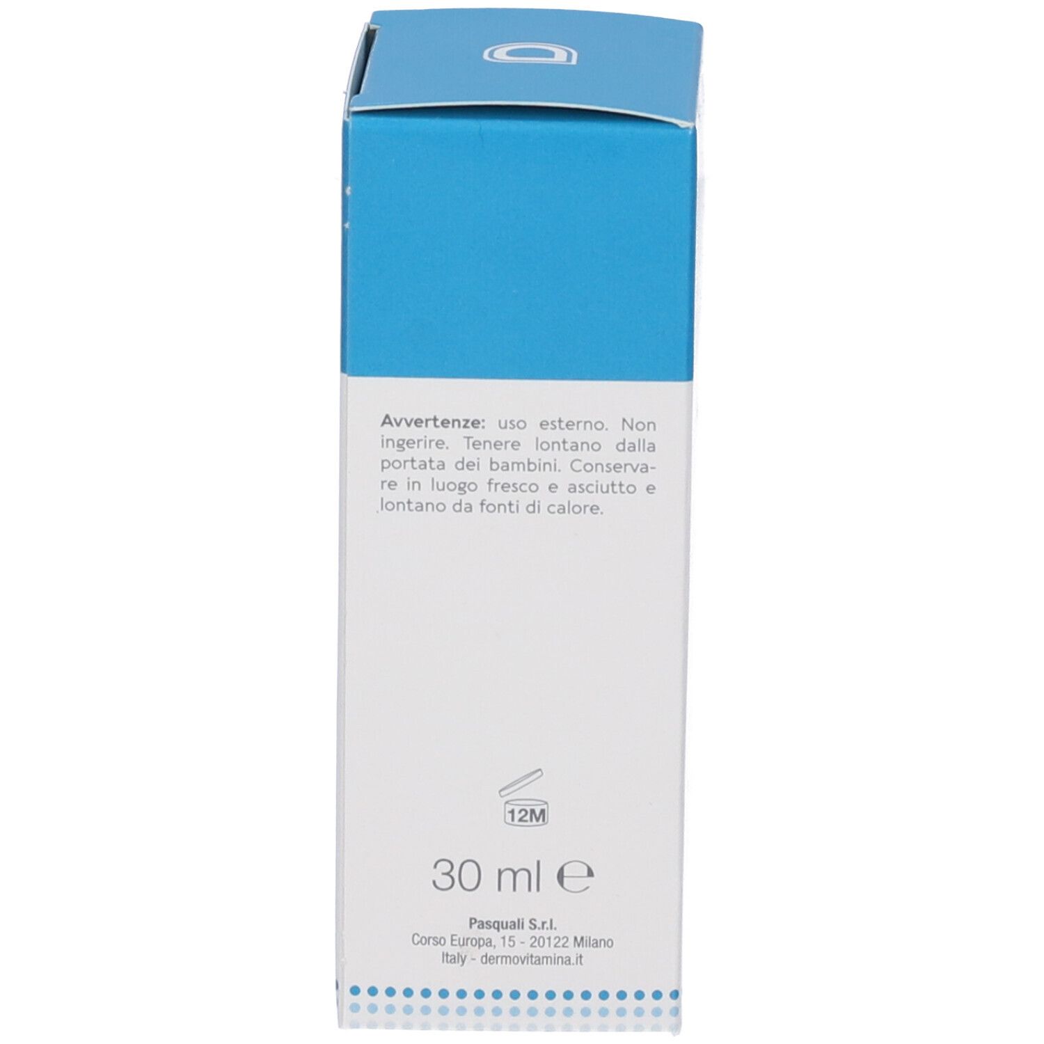 Retro della confezione. Testo: Attenzione, uso esterno. 30 ml. Simbolo 12M. Indirizzo del produttore.