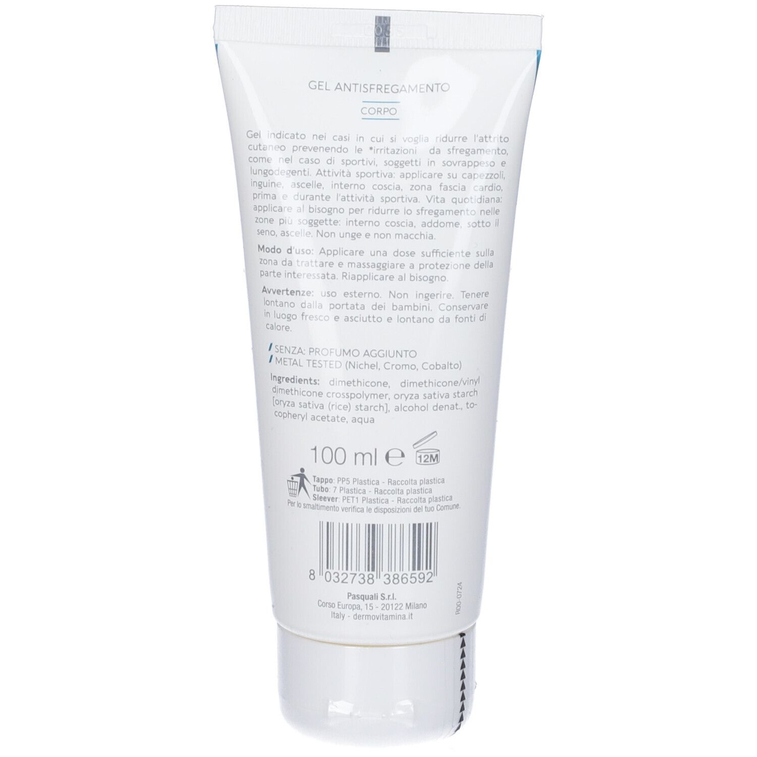 Retro del tubo. Testo: Gel Antisfregamento. Ingredienti e istruzioni per l'uso. Volume: 100 ml. Testato dermatologicamente.