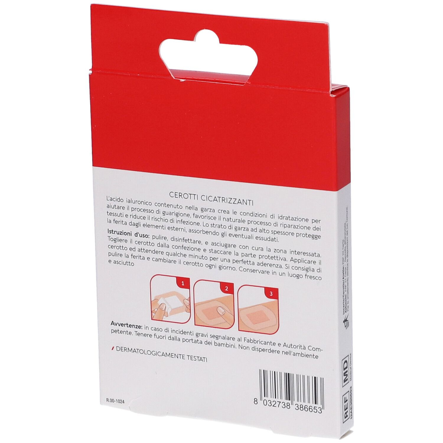 Retro della confezione da 6 cerotti. Testo su uso e ingredienti. Dermatologicamente testato.