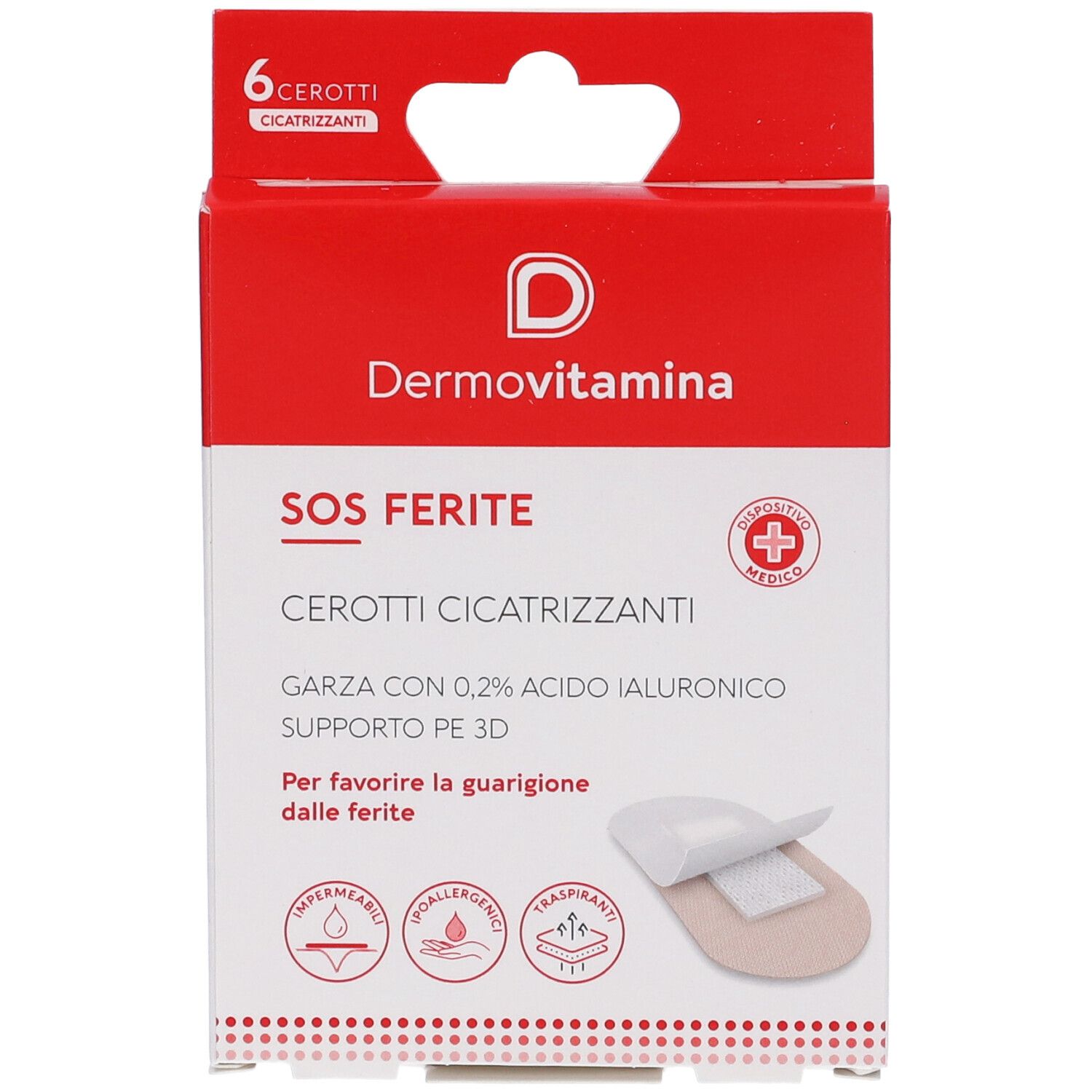 Confezione da 6 cerotti. Marchio Dermovitamina. Scritta SOS FERITE. Cerotto con garza e 0,2% acido ialuronico.