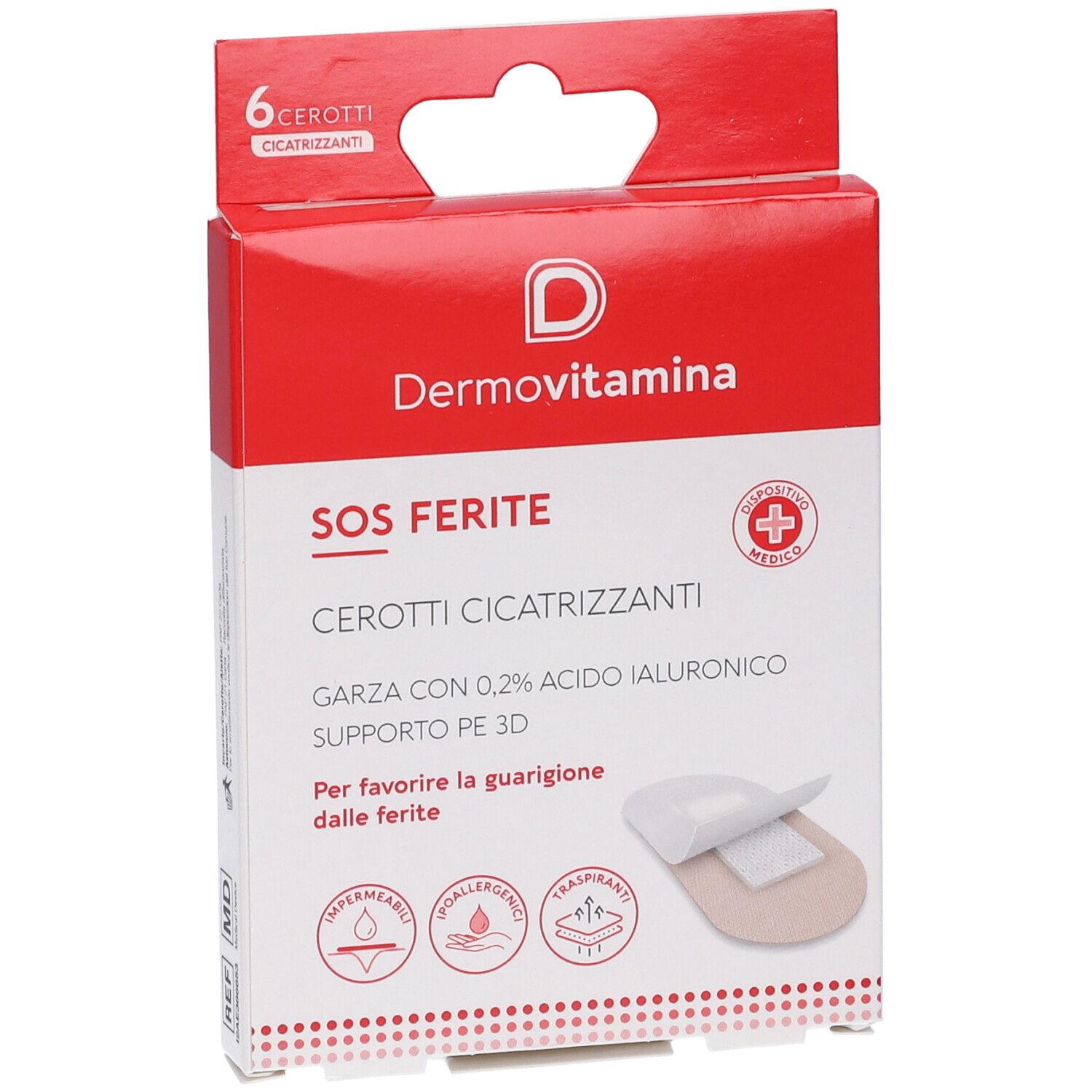 Confezione da 6 cerotti. Marchio Dermovitamina. Scritta SOS FERITE. Cerotto con garza e 0,2% acido ialuronico.