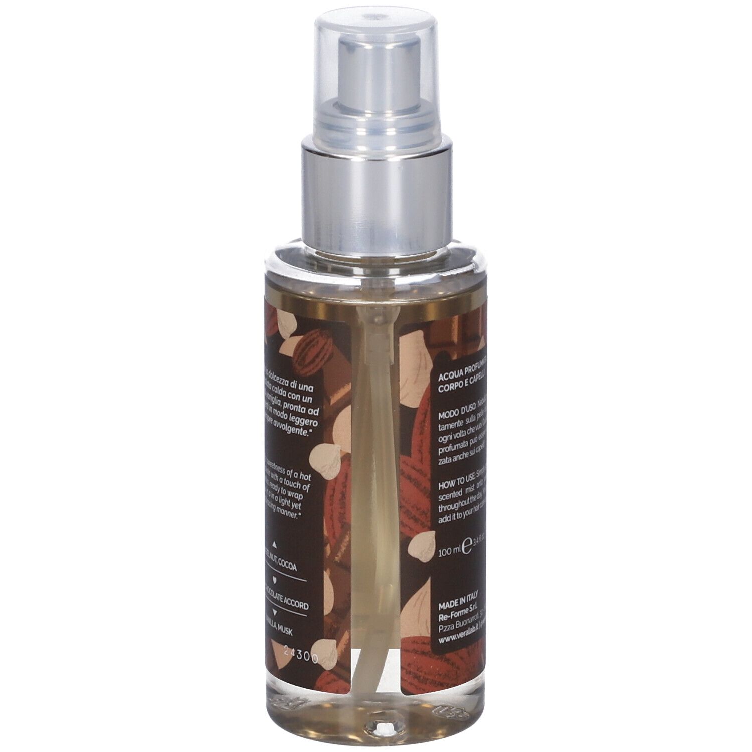 Retro dello spray. Scritte con ingredienti e istruzioni per l'uso. Made in Italy. Marchio: Veralab.