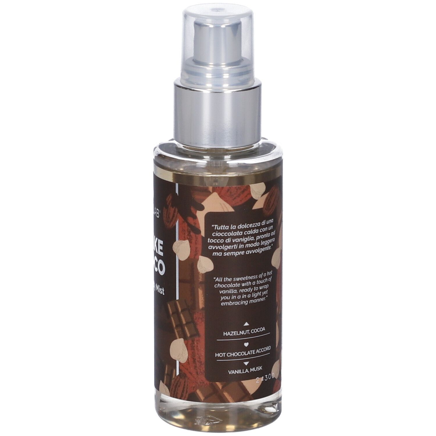 Retro dello spray. Testo sulla fragranza. Ingredienti. Marchio: Veralab.