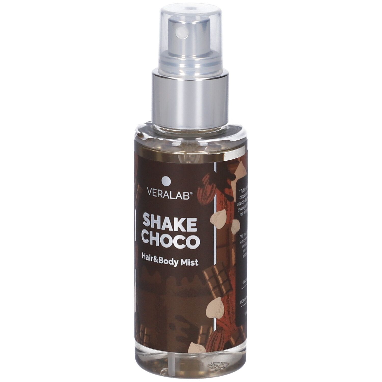 Flacone spray per capelli e corpo. Vetro trasparente, vaporizzatore argentato. Scritta: Veralab, Shake Choco, Hair & Body Mist.