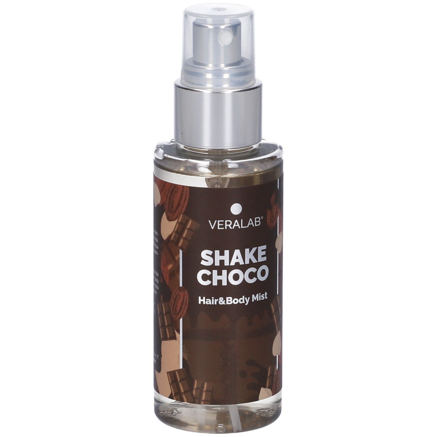 Flacone spray per capelli e corpo. Vetro trasparente, vaporizzatore argentato. Scritta: Veralab, Shake Choco, Hair & Body Mist.