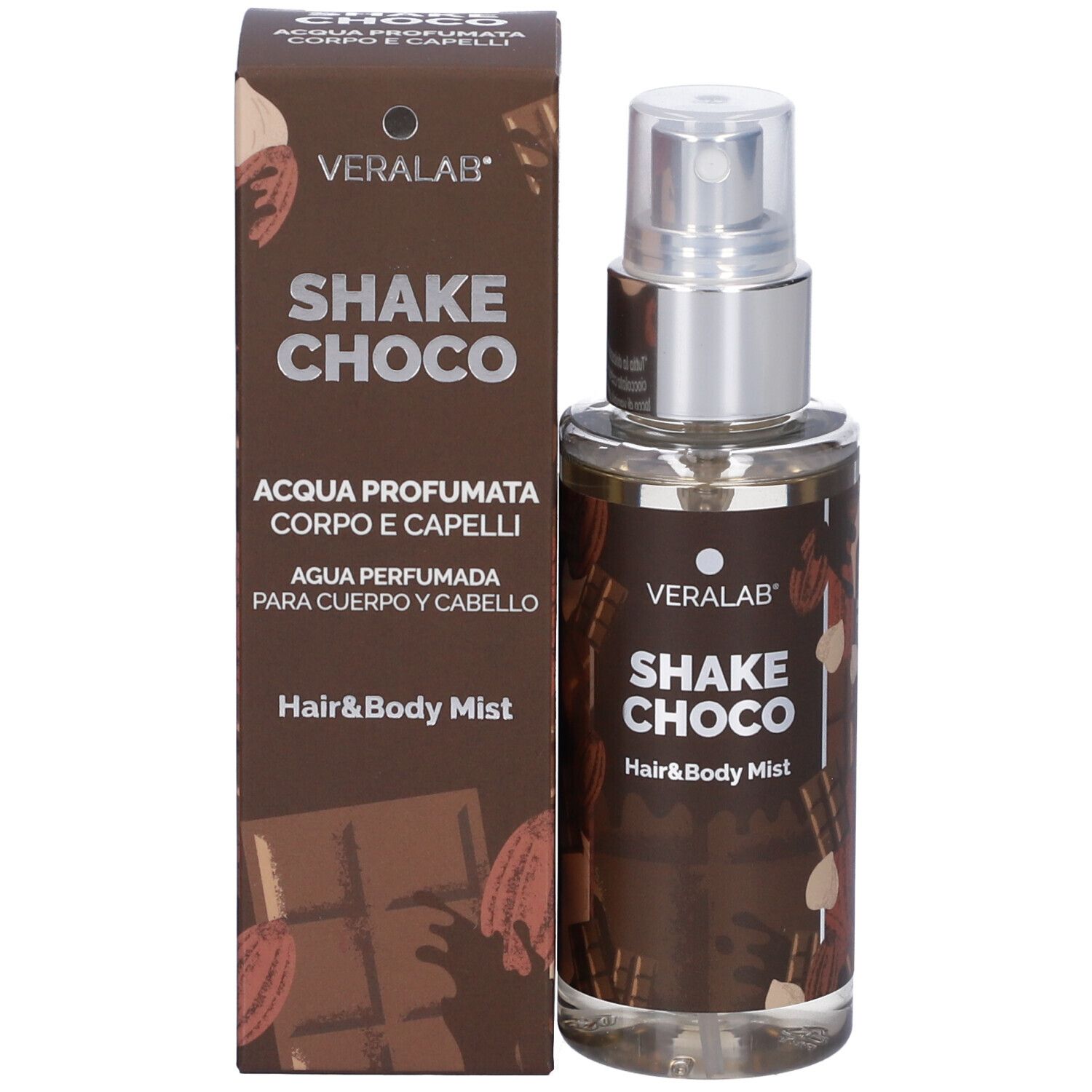 Spray per capelli e corpo e confezione. Scritta: Veralab, Shake Choco, Hair & Body Mist. Confezione con motivo cioccolato.