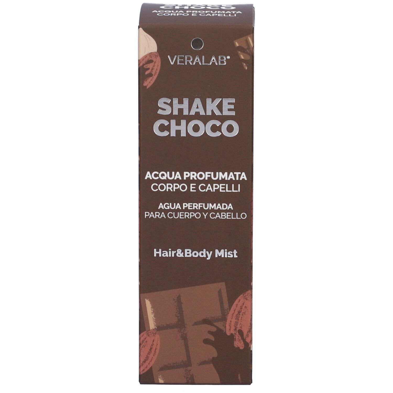 Confezione per spray capelli e corpo. Scritta: Veralab, Shake Choco, Hair & Body Mist. Motivo cioccolato.
