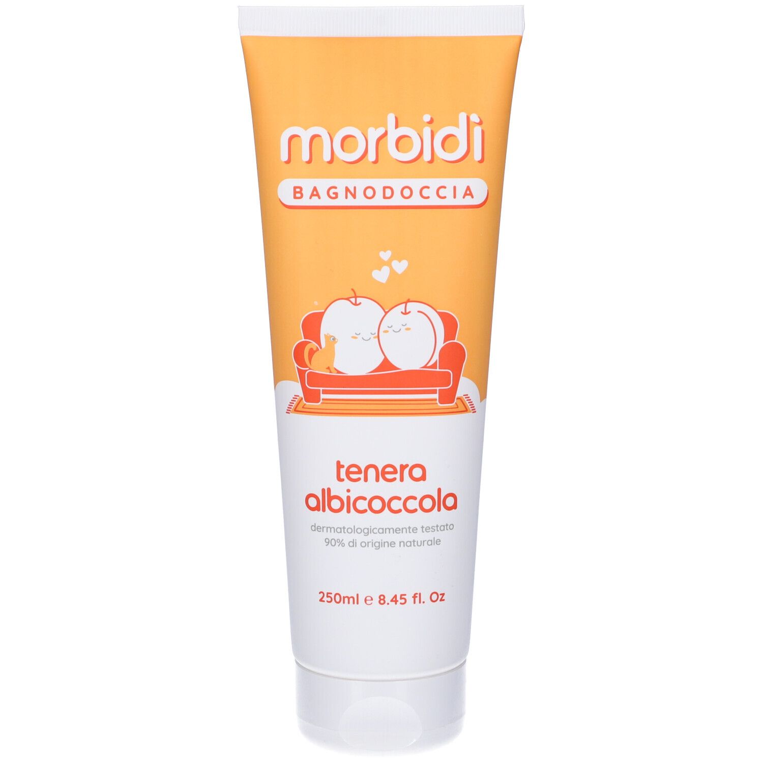 Tubo arancione con logo "Morbidì Bagnodoccia" e illustrazione. Testo: "tenera albicoccola". In basso: "250ml 8.45 fl. oz".