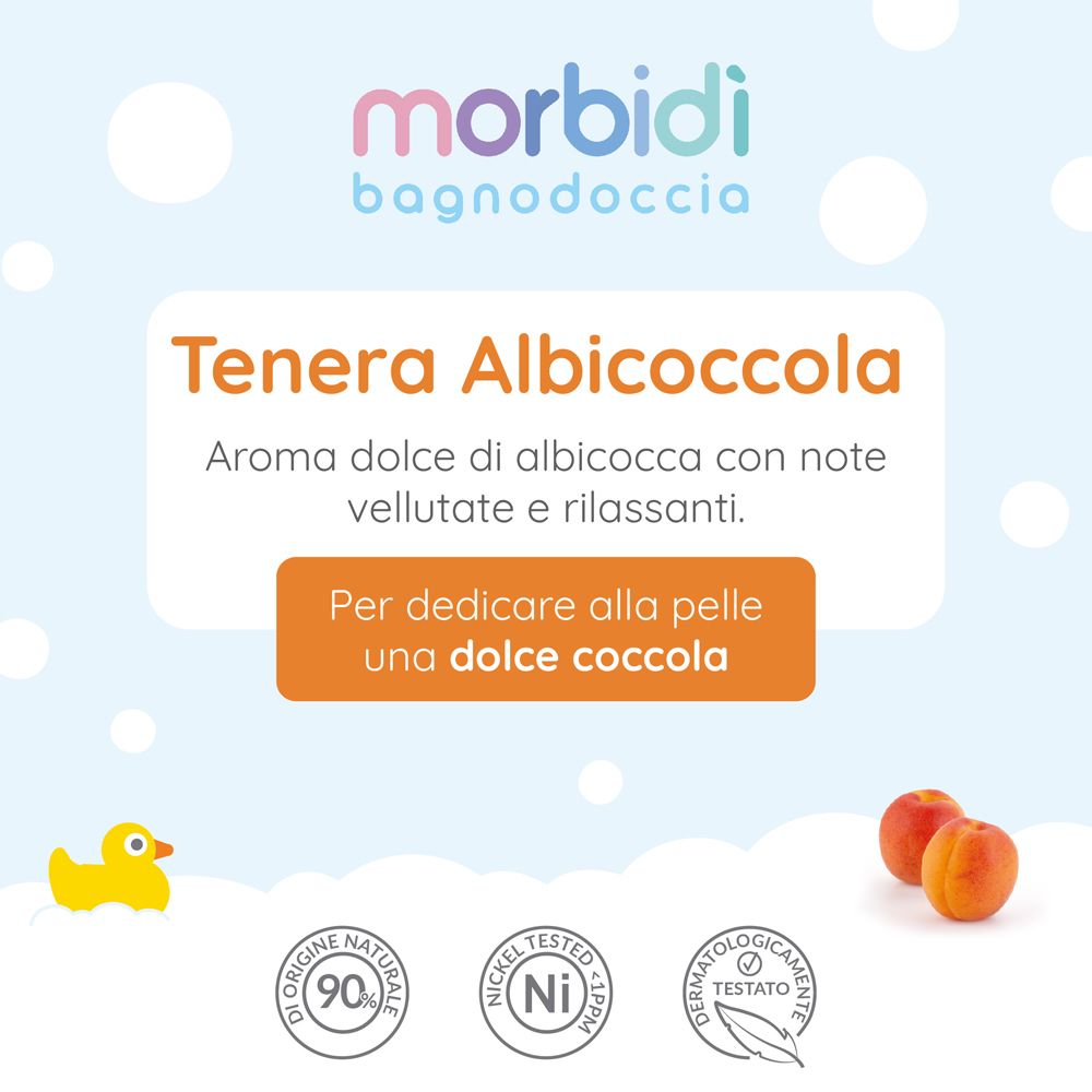Pubblicità con testo "Tenera Albicoccola". Immagine: anatra gialla, albicocche, loghi "90% origine naturale", "Nickel Tested" e test dermatologici.