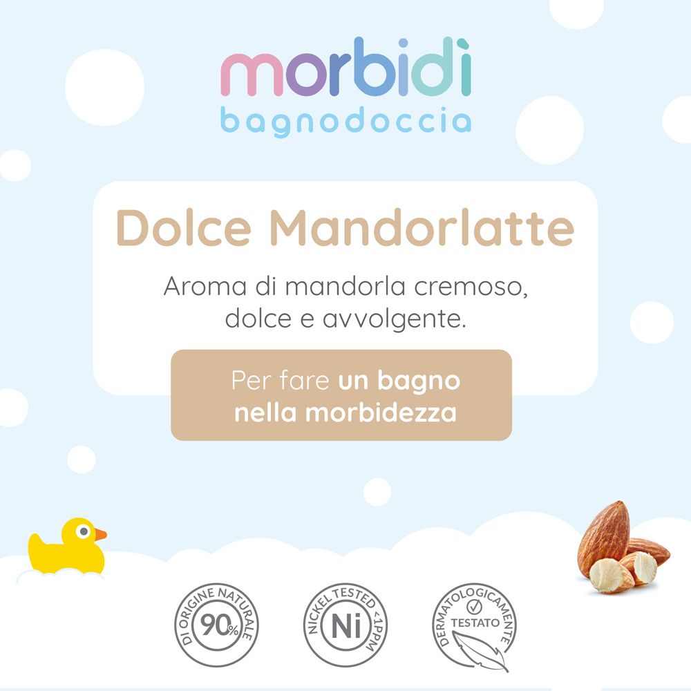Immagine pubblicitaria con testo: Dolce Mandorlatte. Aroma di mandorla cremosa e dolce. Immagine: anatra, mandorle. Testo: 90% ingredienti naturali, testato al nichel.