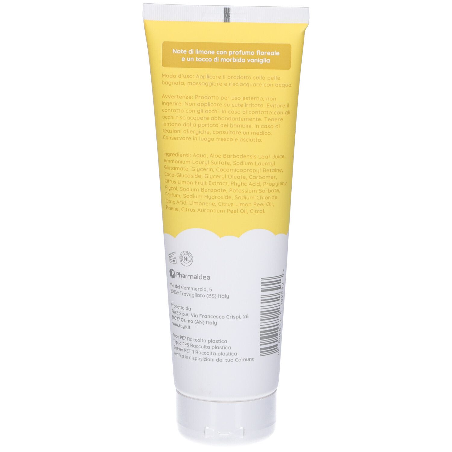 Retro del tubo giallo. Testo: ingredienti, avvertenze, informazioni produttore. Loghi: Pharmalidea, dermatologicamente testato.