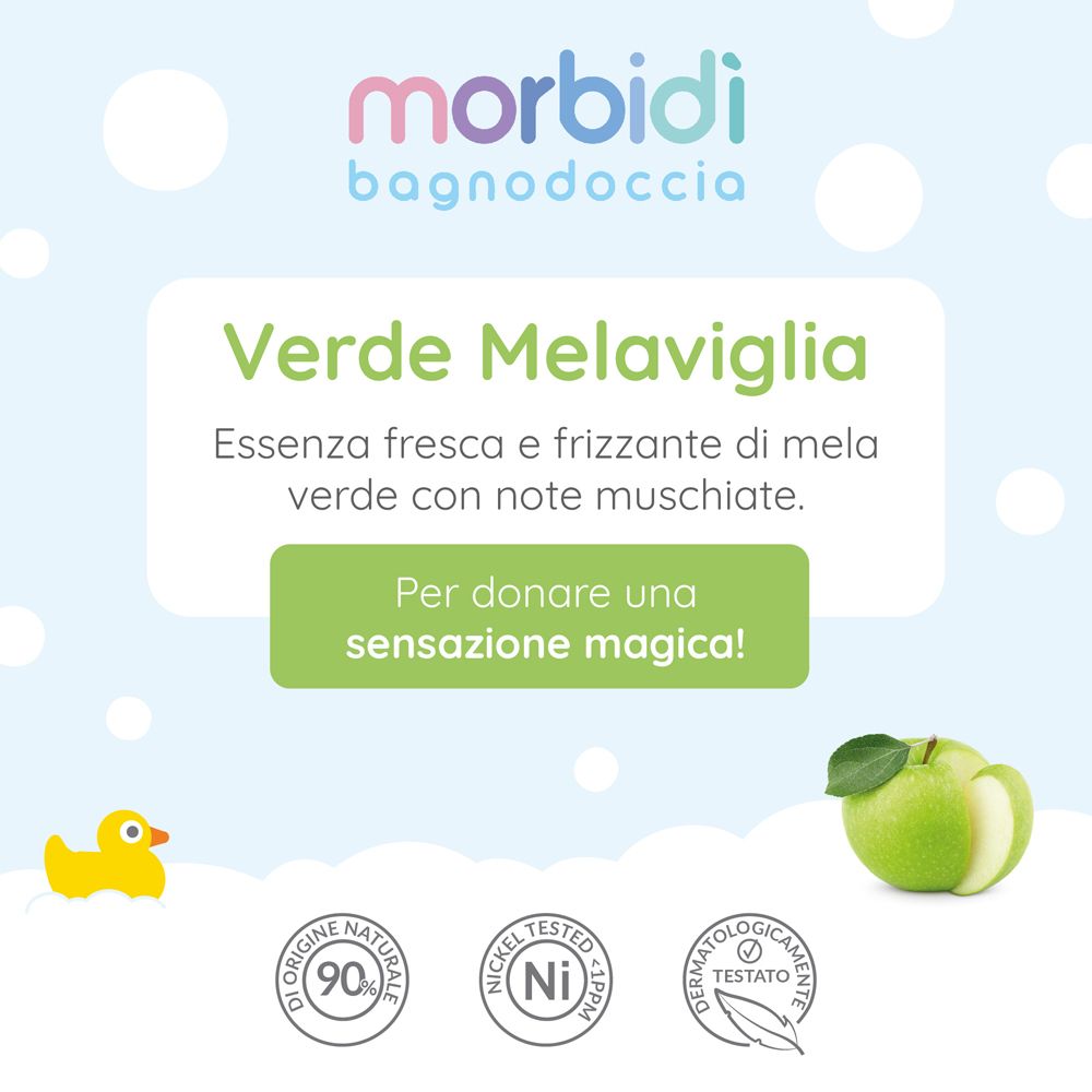 Pubblicità per Morbidì Bagnodoccia. Testo: Verde Melaviglia, essenza di mela verde. Loghi: 90% naturale, testato al nichel, dermatologicamente testato. Immagine: anatra, mela.