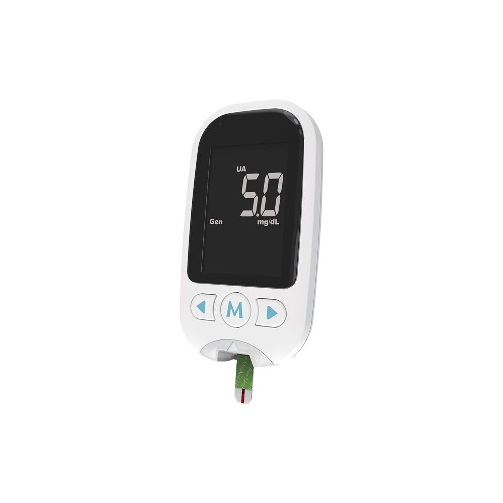 Misuratore digitale bianco con display. Mostra 5,0 mg/dL. Pulsanti freccia e 'M'.