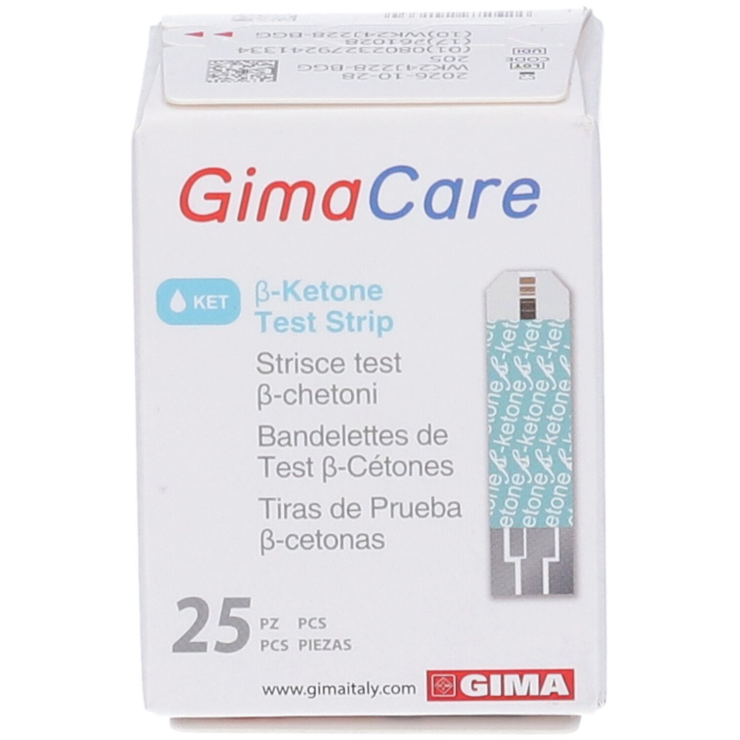 Scatola di strisce reattive GimaCare β-chetone. 25 pezzi. Strisce blu. Logo Gima.
