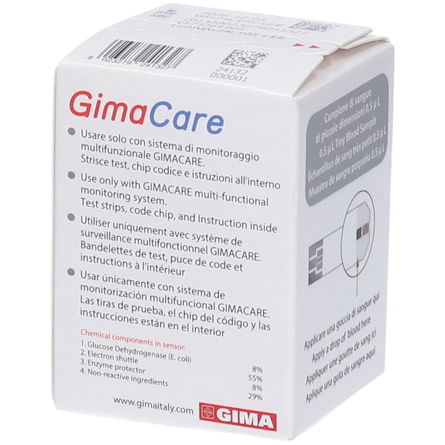 Lato della confezione di strisce GIMA Care. Testo: Usare solo con sistema di monitoraggio multifunzionale GIMACARE.