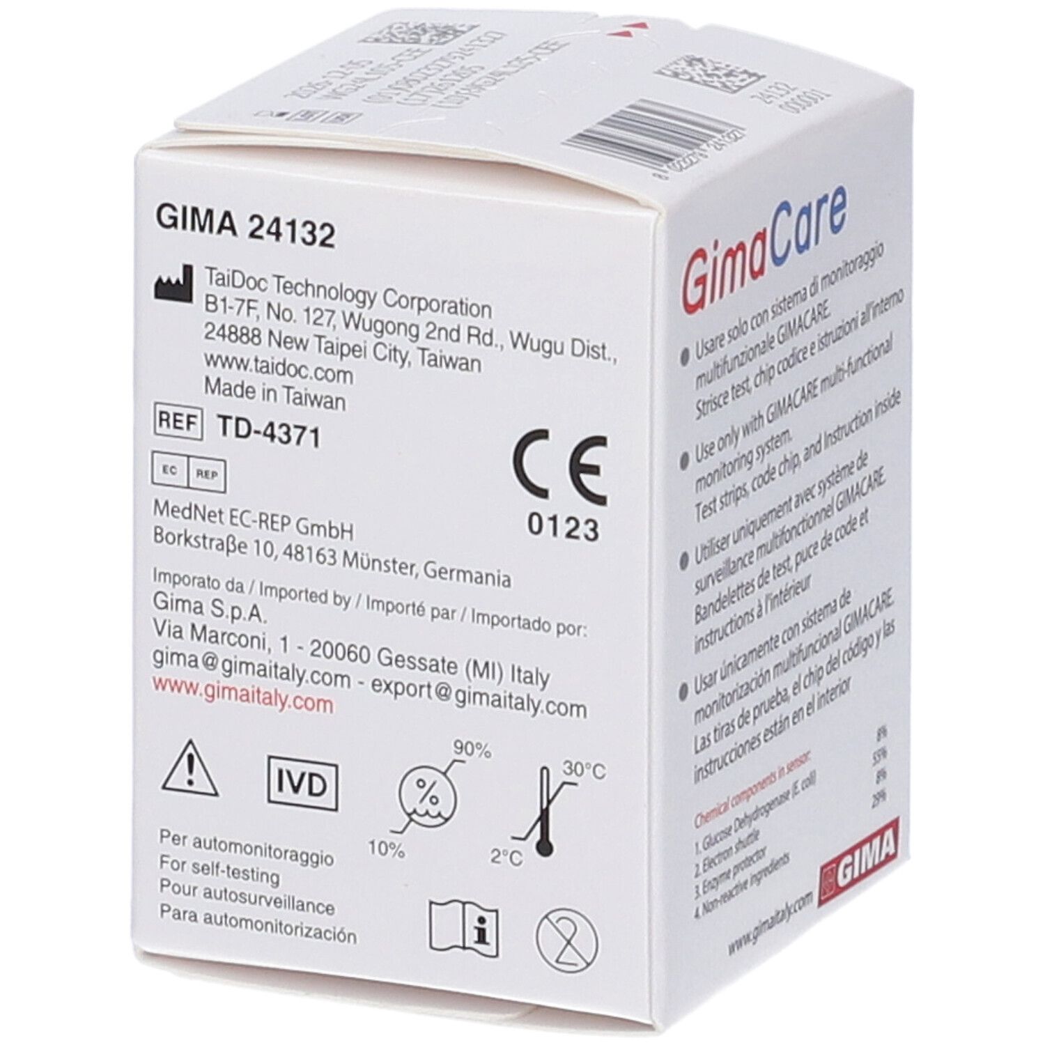 Lato della confezione di strisce GIMA Care. Contiene informazioni sul produttore e la marcatura CE.