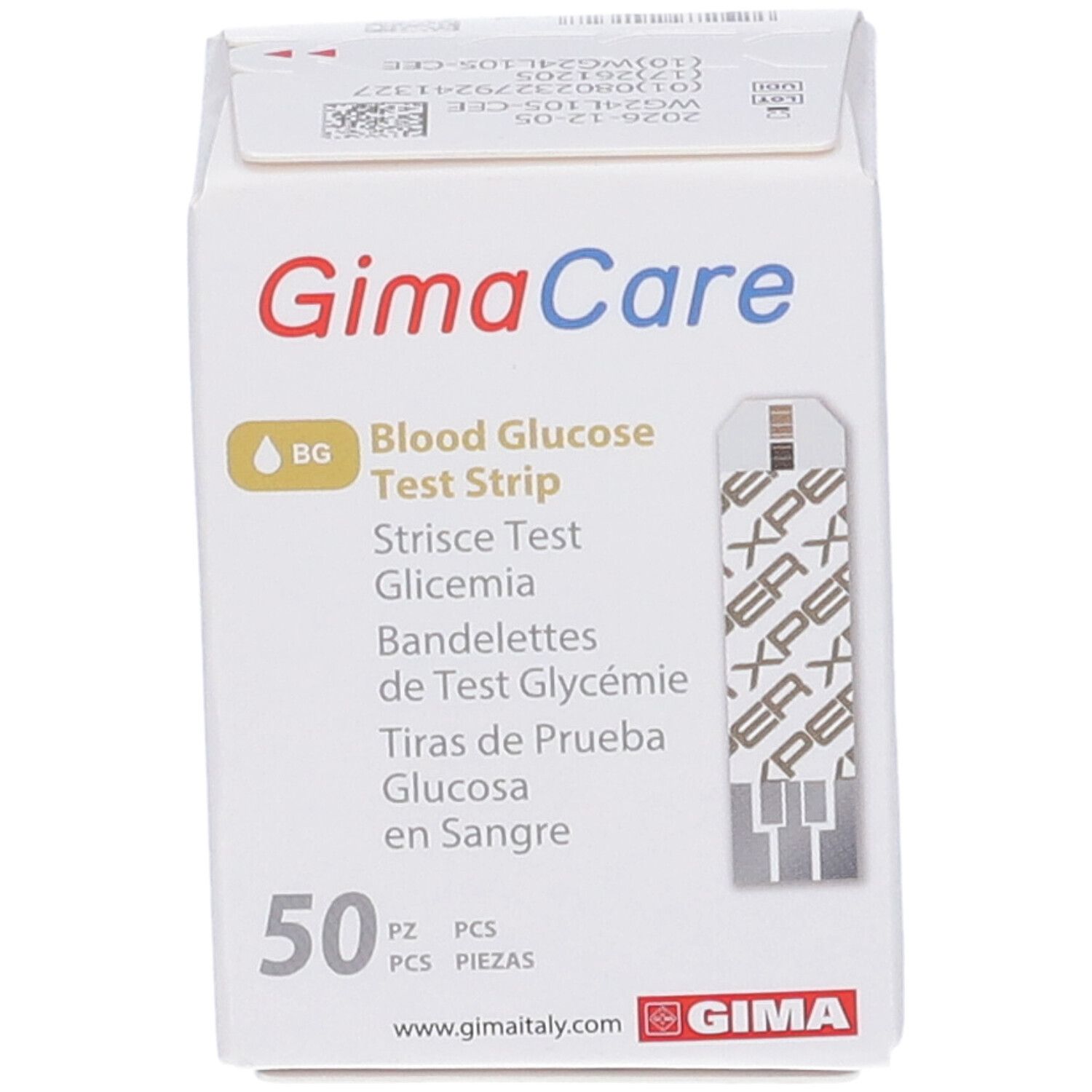 Confezione di strisce GIMA Care. Contiene 50 strisce. Scritto: Blood Glucose Test Strip, Strisce Test Glicemia.