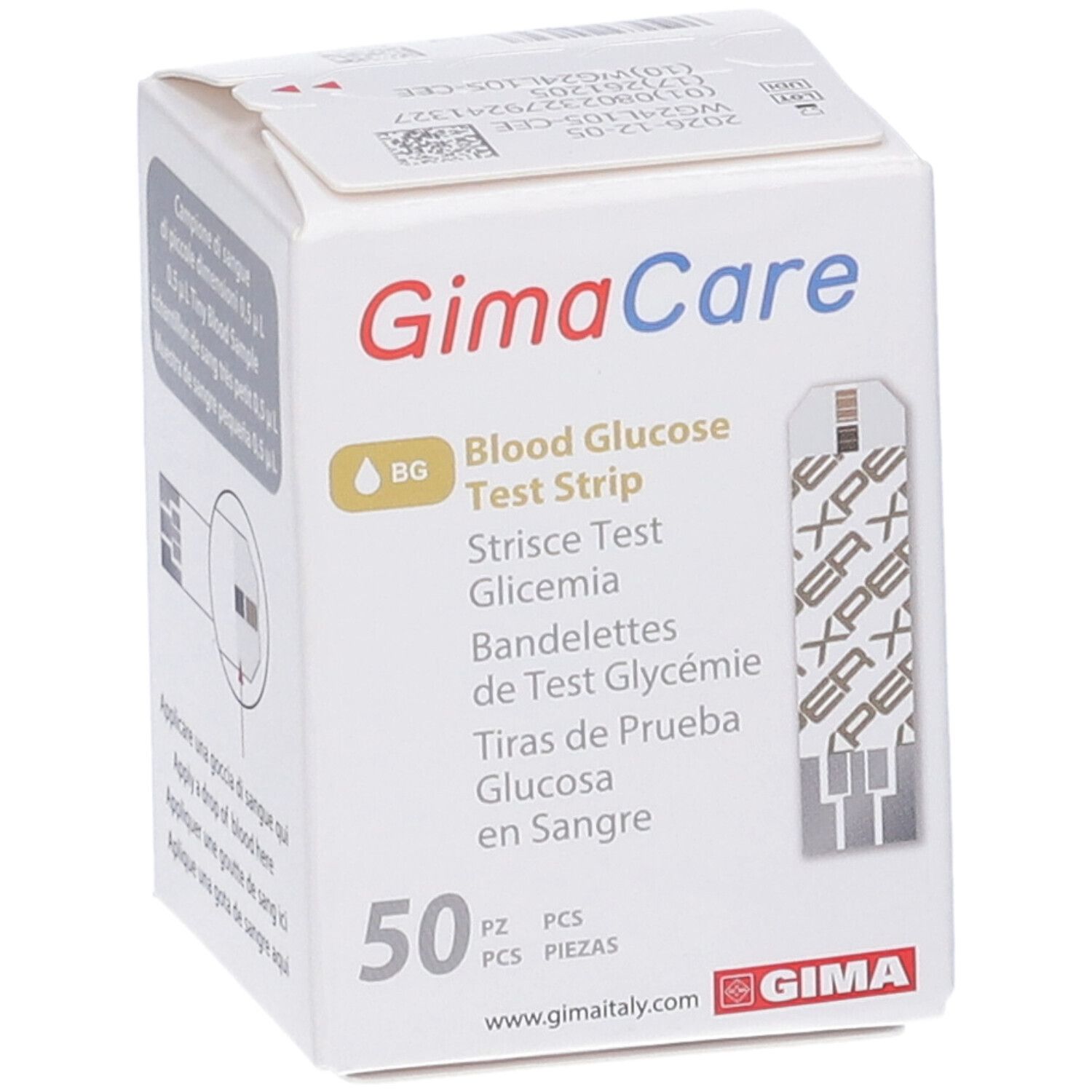 Confezione di strisce GIMA Care. Contiene 50 strisce. Scritto: Blood Glucose Test Strip, Strisce Test Glicemia.