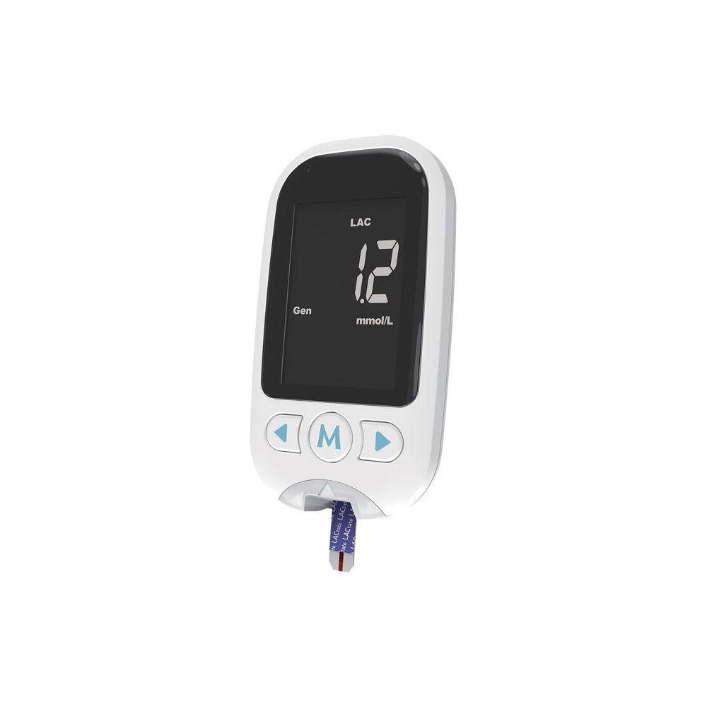 Misuratore di lattato nel sangue. Dispositivo bianco con display. Display: 1,2 mmol/l. Striscia inserita.