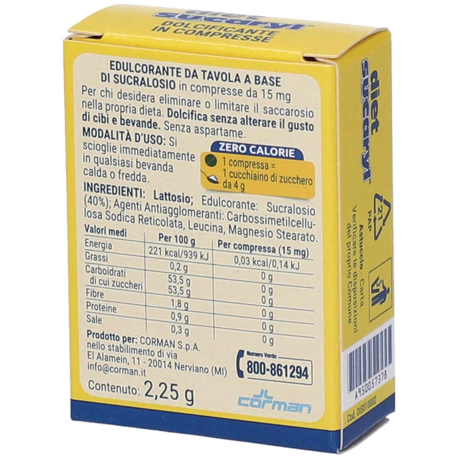 Retro della scatola gialla con informazioni nutrizionali e tabella. Contiene 2,25 g. Contatti di Corman S.p.A.