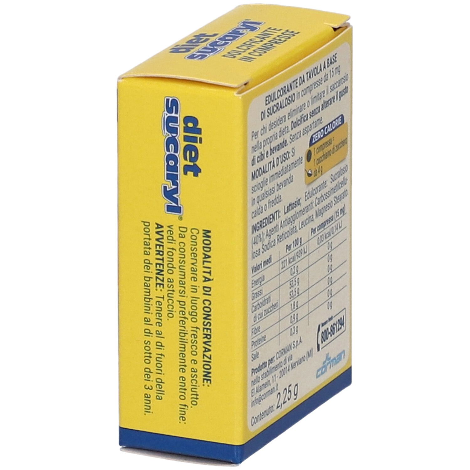 Lato della scatola gialla con avvertenze e consigli di conservazione. Contiene 2,25 g. Contatti di Corman S.p.A.