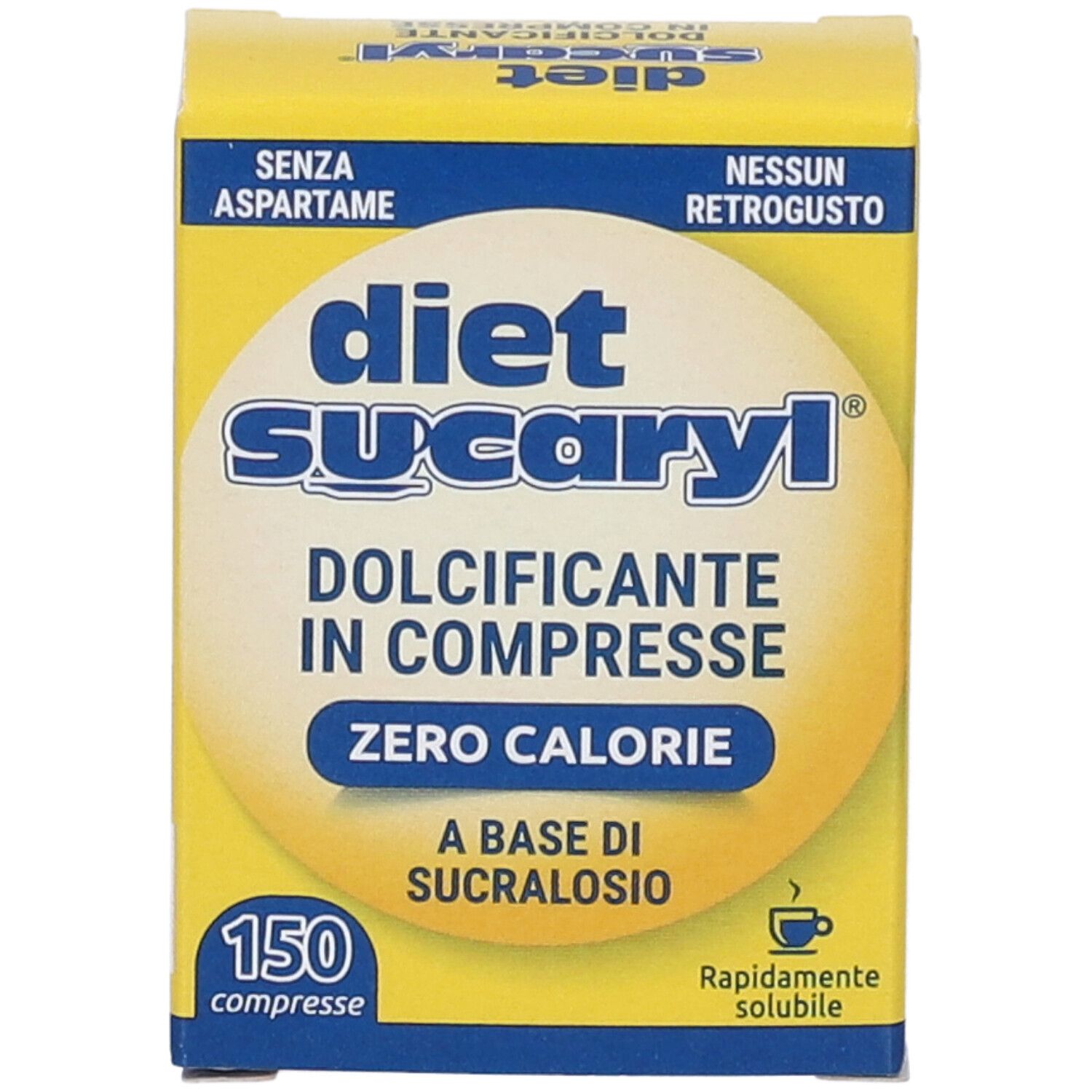 Scatola gialla con logo "diet sucaryl". Contiene 150 compresse. Scritte: "Zero Calorie", "A base di sucralosio".