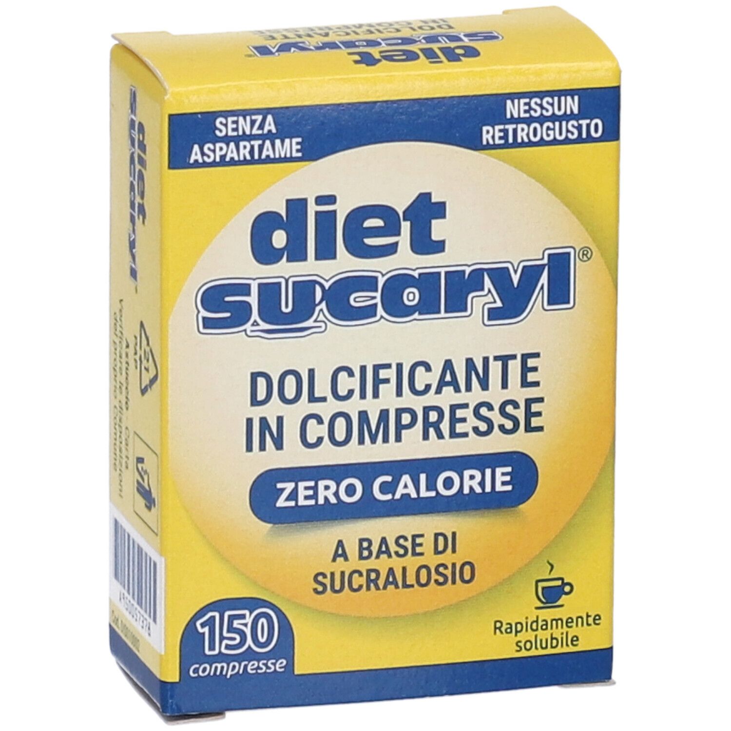 Scatola gialla con logo "diet sucaryl". Contiene 150 compresse. Scritte: "Zero Calorie", "A base di sucralosio".