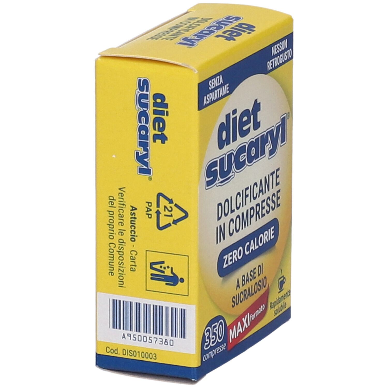 Scatola gialla "diet sucaryl". Contiene 350 compresse. Testo: "Zero Calorie". Simbolo riciclo e codice a barre visibili.