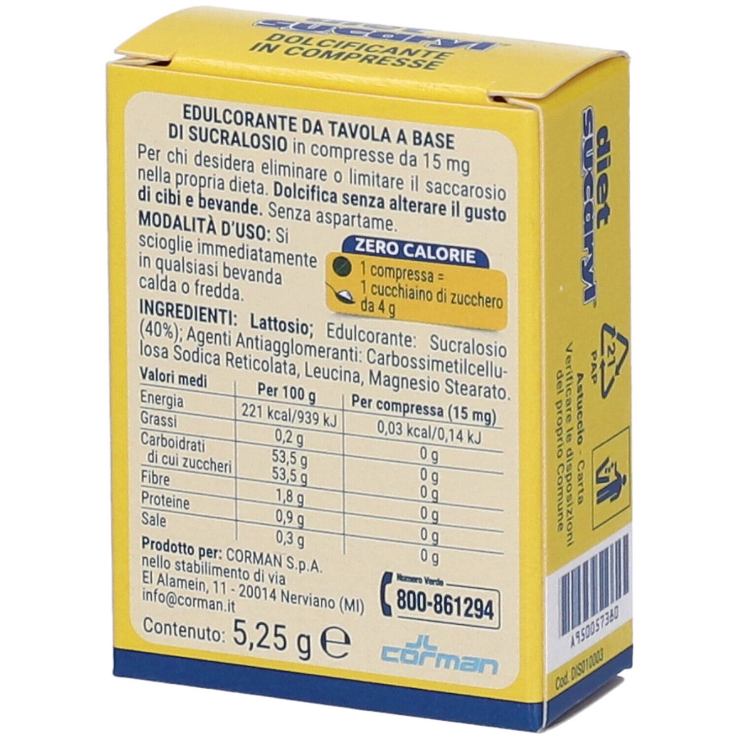 Retro della scatola gialla "diet sucaryl". Contiene informazioni nutrizionali e ingredienti. Testo: "Zero Calorie".