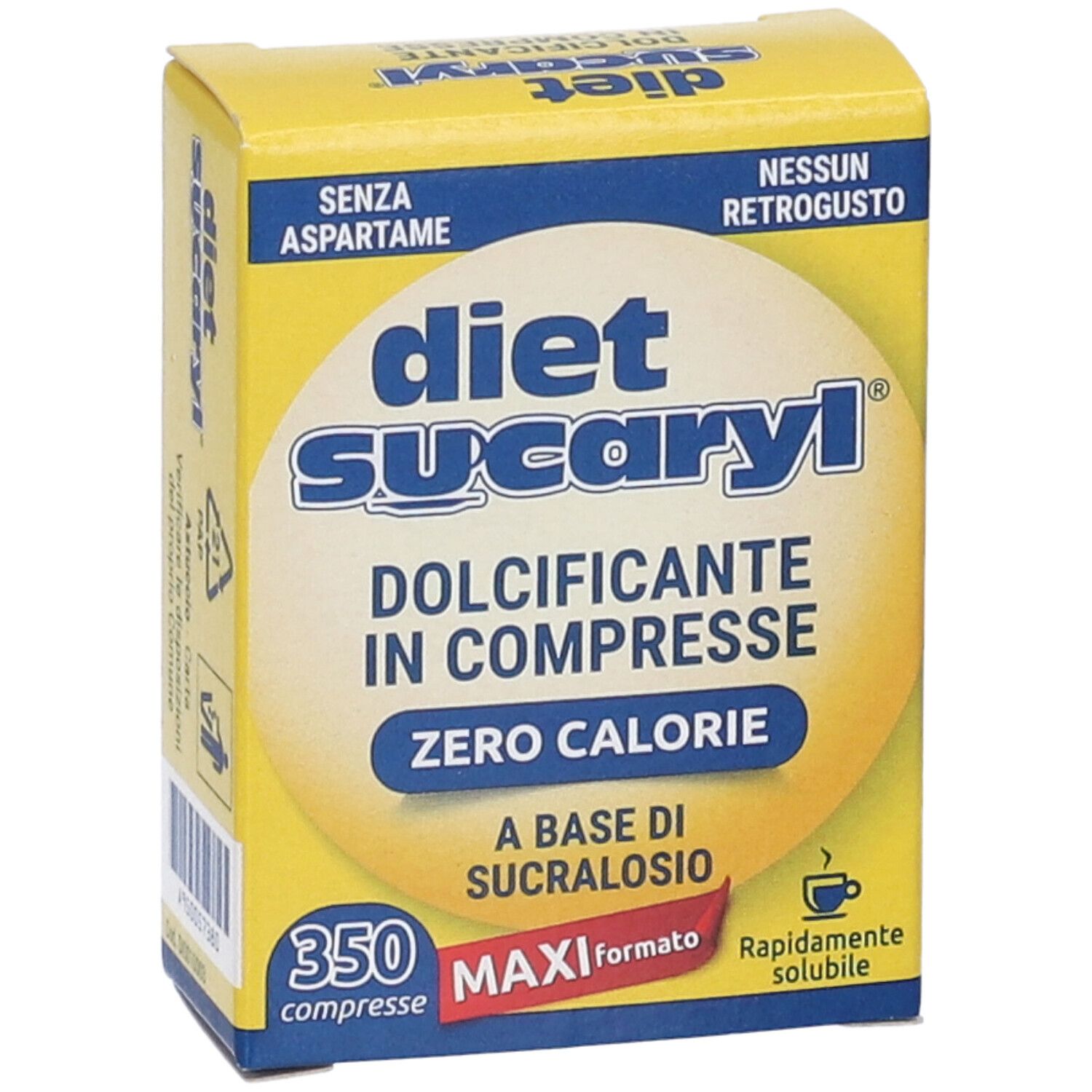 Scatola gialla "diet sucaryl". Contiene 350 compresse. Indicazioni "Zero Calorie" e "Maxi formato".