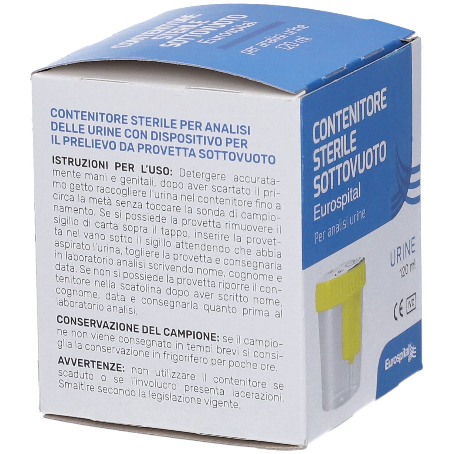Confezione del contenitore sterile EUROSPITAL. Testo: Istruzioni per l'uso. Contenitore giallo visibile.
