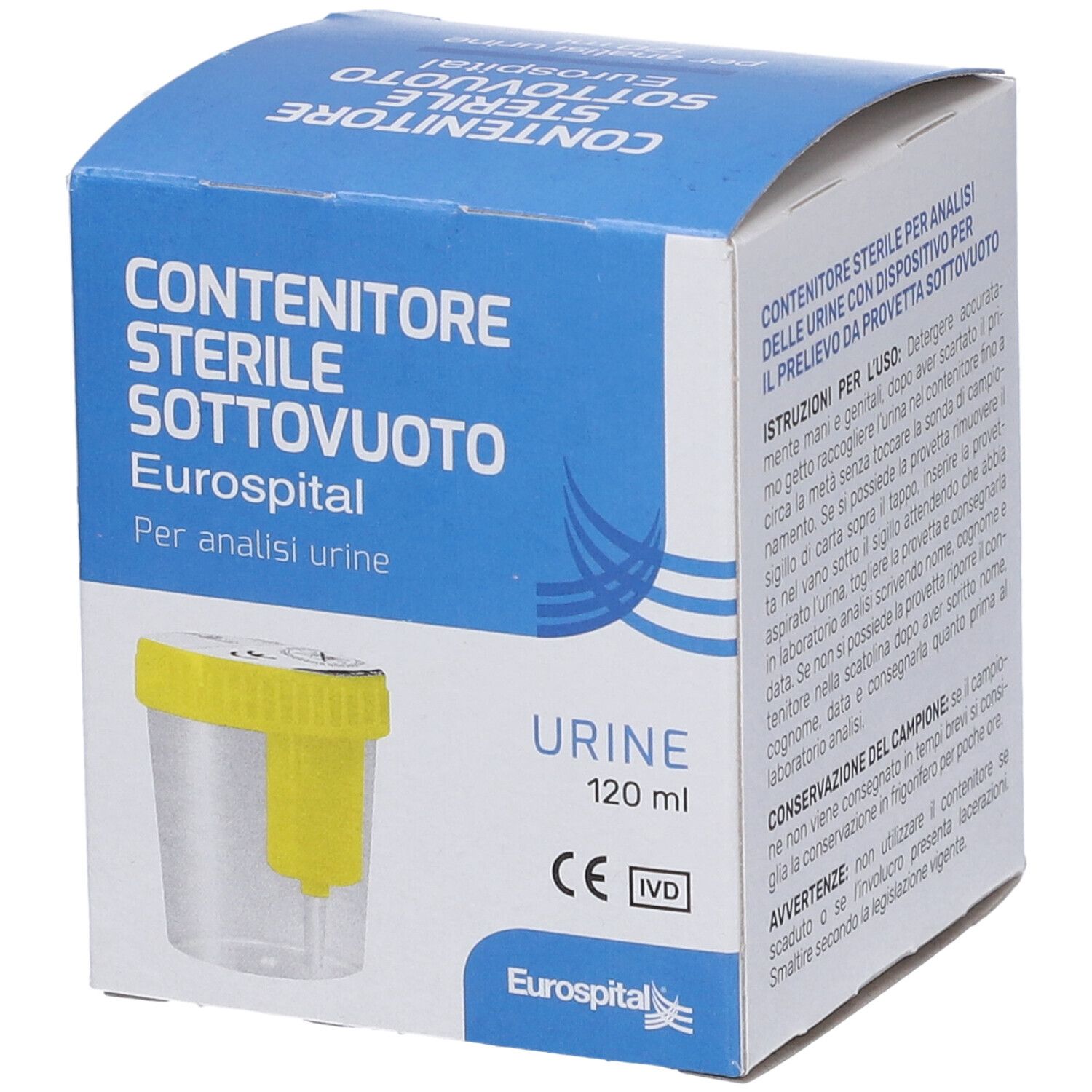 Contenitore sterile per urine EUROSPITAL in confezione blu. Contenitore giallo visibile. Testo: Urine, 120 ml.