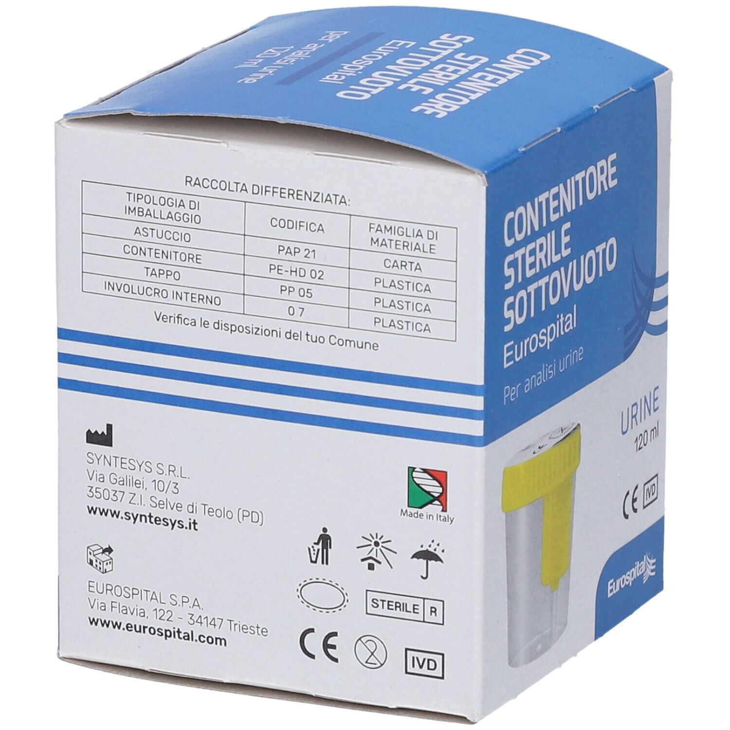 Confezione del contenitore sterile EUROSPITAL. Testo: Composizione dei materiali, informazioni produttore.