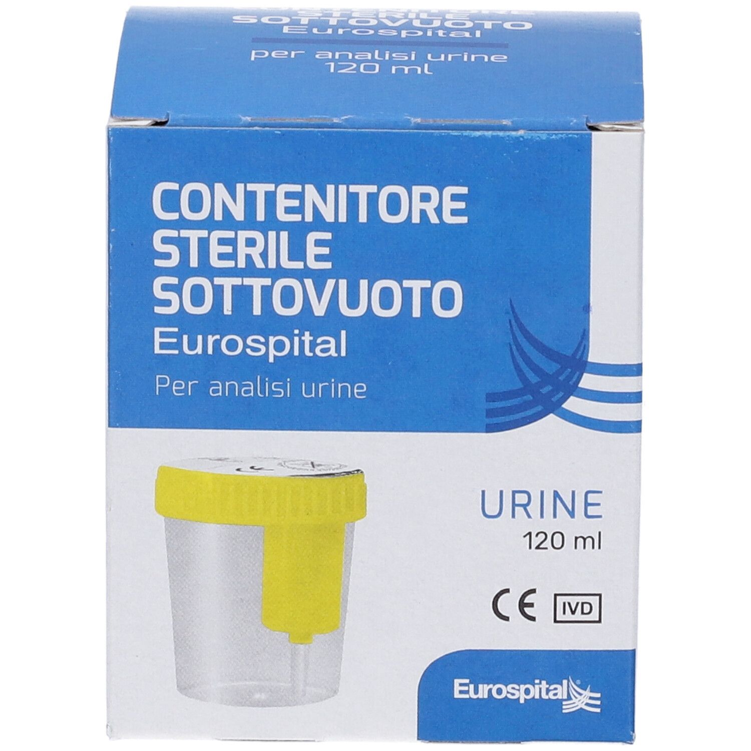 Confezione blu del contenitore sterile EUROSPITAL. Contenitore giallo visibile. Testo: Urine, 120 ml.