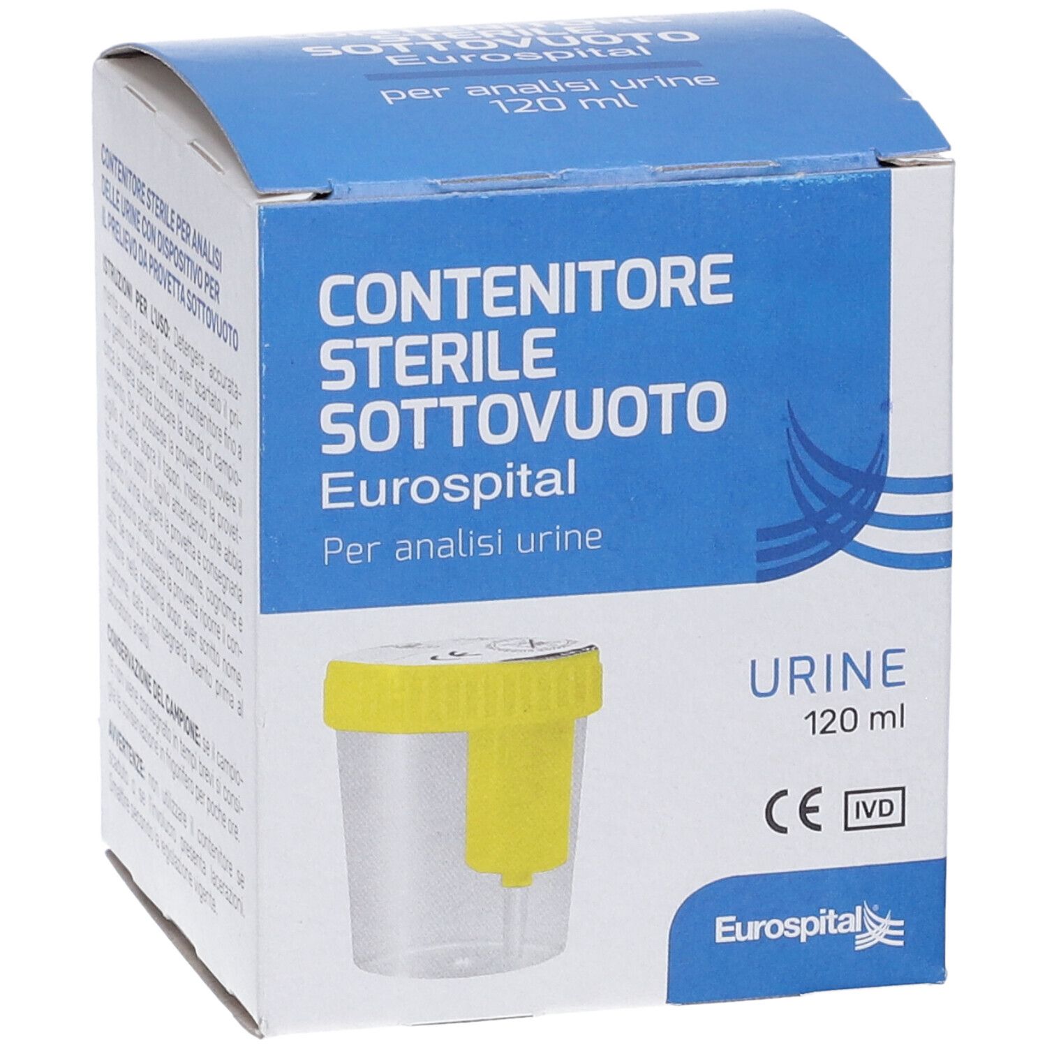 Confezione del contenitore sterile EUROSPITAL. Contenitore giallo visibile. Testo: Urine, 120 ml.