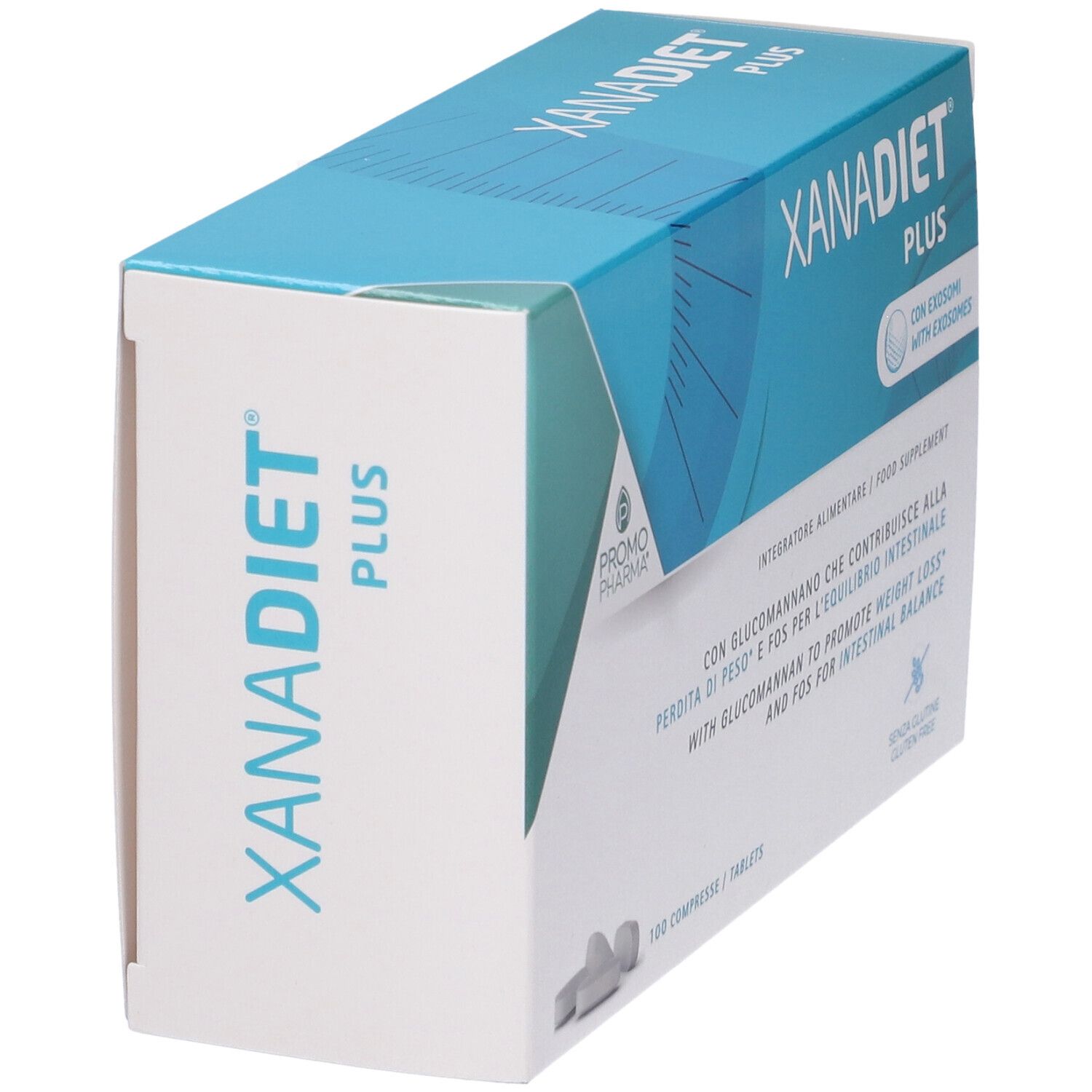 Scatola Xanadiet Plus, in diagonale. Confezione blu e bianca. Testo: Xanadiet Plus. 100 compresse.