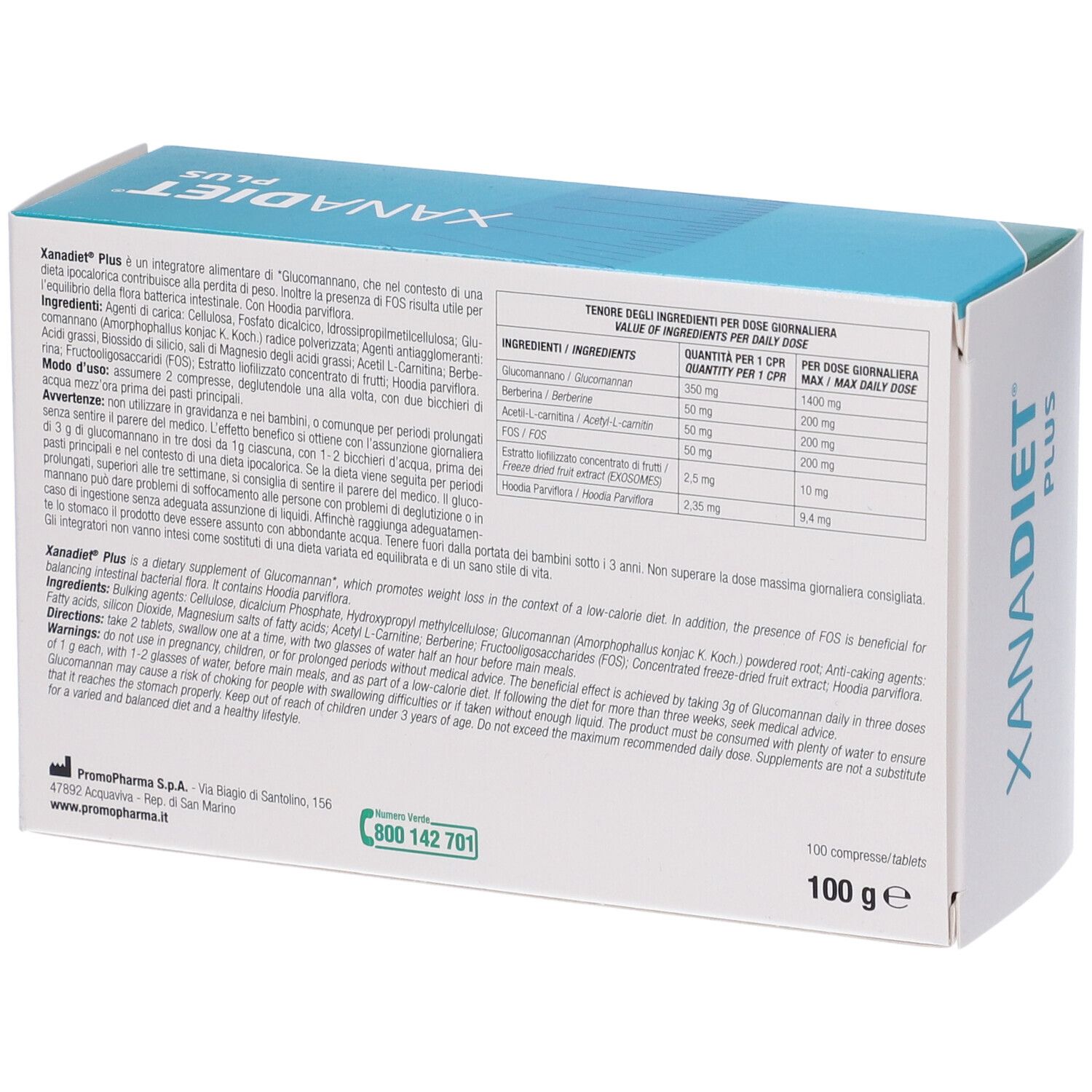 Retro della scatola Xanadiet Plus. Testo: Ingredienti, dosaggio, avvertenze. 100 compresse.