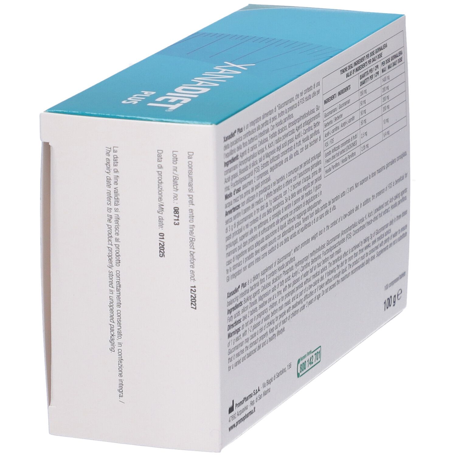 Retro della scatola Xanadiet Plus. Testo: Scadenza, numero di lotto, informazioni produttore.