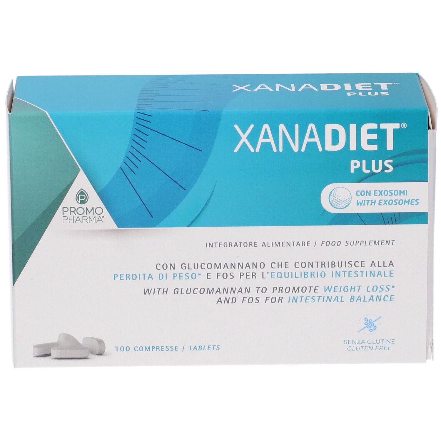 Scatola Xanadiet Plus. Confezione blu e bianca. Testo: Xanadiet Plus, 100 compresse. Senza glutine.