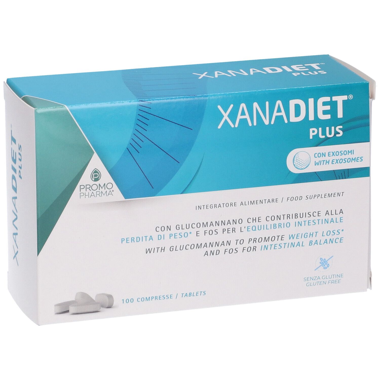 Scatola Xanadiet Plus. Confezione blu e bianca. Testo: Xanadiet Plus, 100 compresse. Senza glutine.
