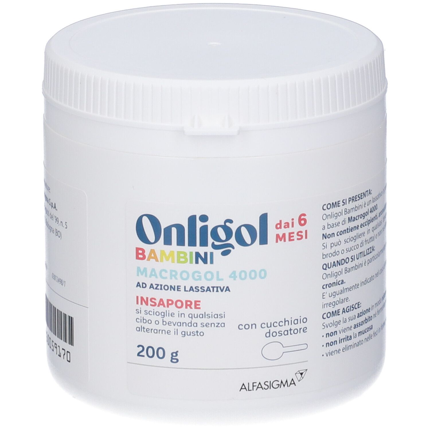 Contenitore bianco Onligol Bambini, 200g. Contiene Macrogol 4000. Con cucchiaio dosatore. Marchio: AlfasiGMA. CE 0426.