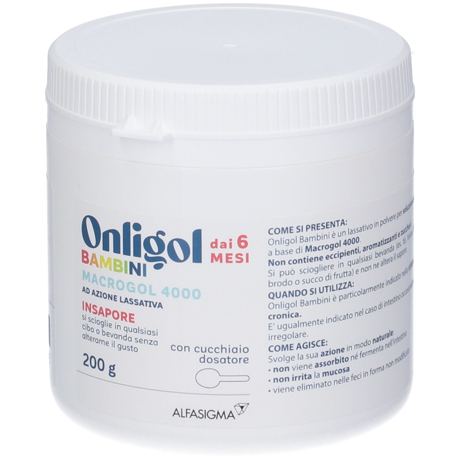 Contenitore bianco Onligol Bambini, 200g. Contiene Macrogol 4000. Con cucchiaio dosatore. Marchio: AlfasiGMA. CE 0426.