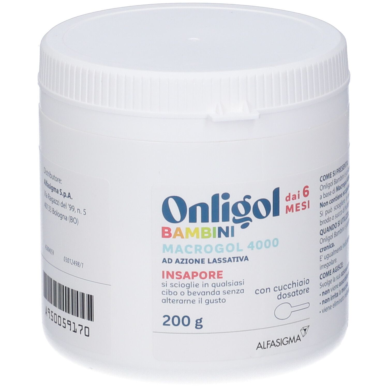 Contenitore bianco Onligol Bambini, 200g. Contiene Macrogol 4000. Con cucchiaio dosatore. Marchio: AlfasiGMA. CE 0426.