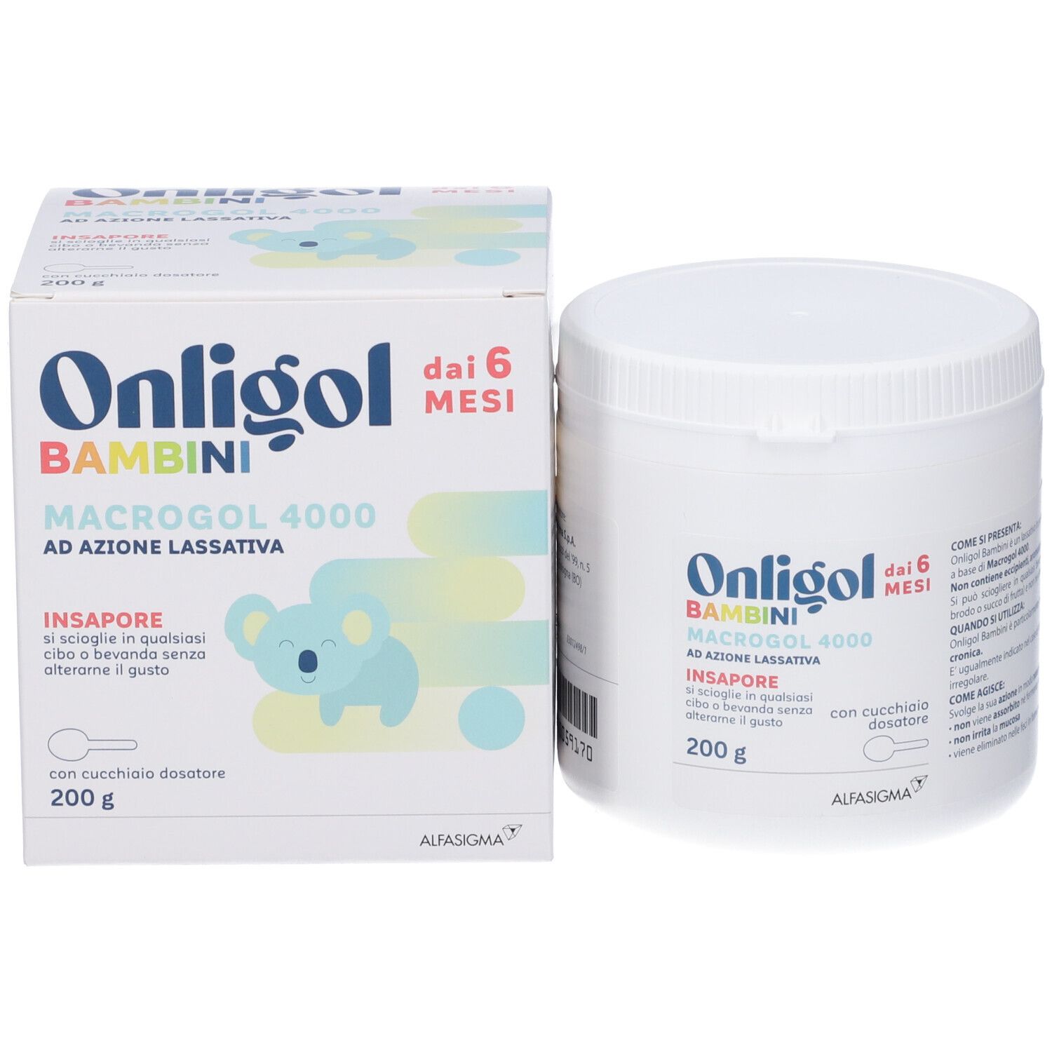 Confezione del prodotto e contenitore bianco Onligol Bambini, 200g. Contiene Macrogol 4000. Con cucchiaio dosatore. Marchio: AlfasiGMA.