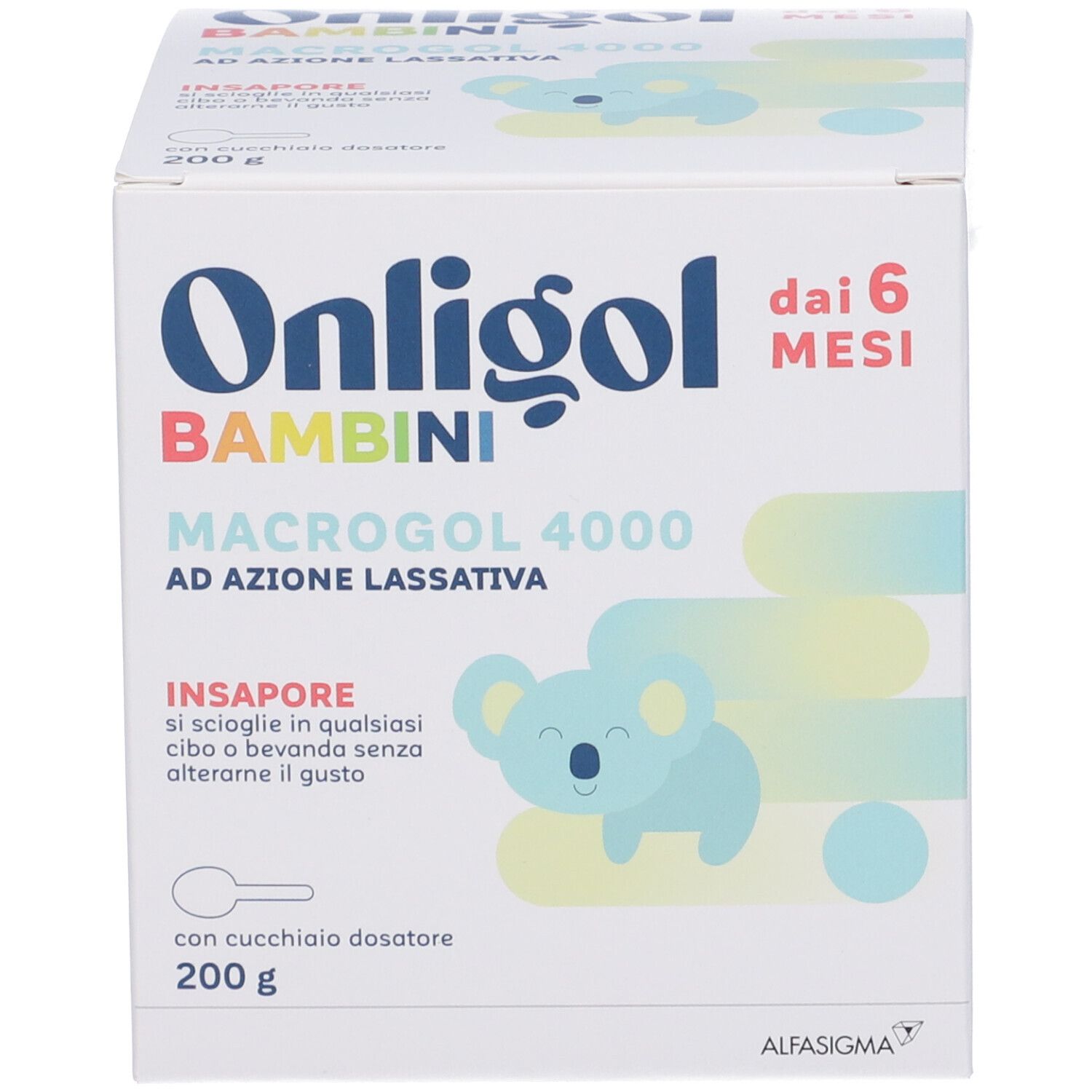 Scatola Onligol Bambini, 200g, dai 6 mesi. Contiene Macrogol 4000. Insapore. Con cucchiaio dosatore. Marchio: AlfasiGMA.