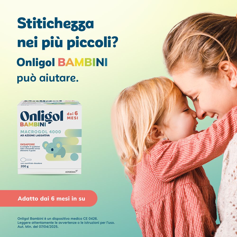 Madre e bambino. Onligol Bambini può aiutare. Confezione del prodotto sullo sfondo. Adatto dai 6 mesi.