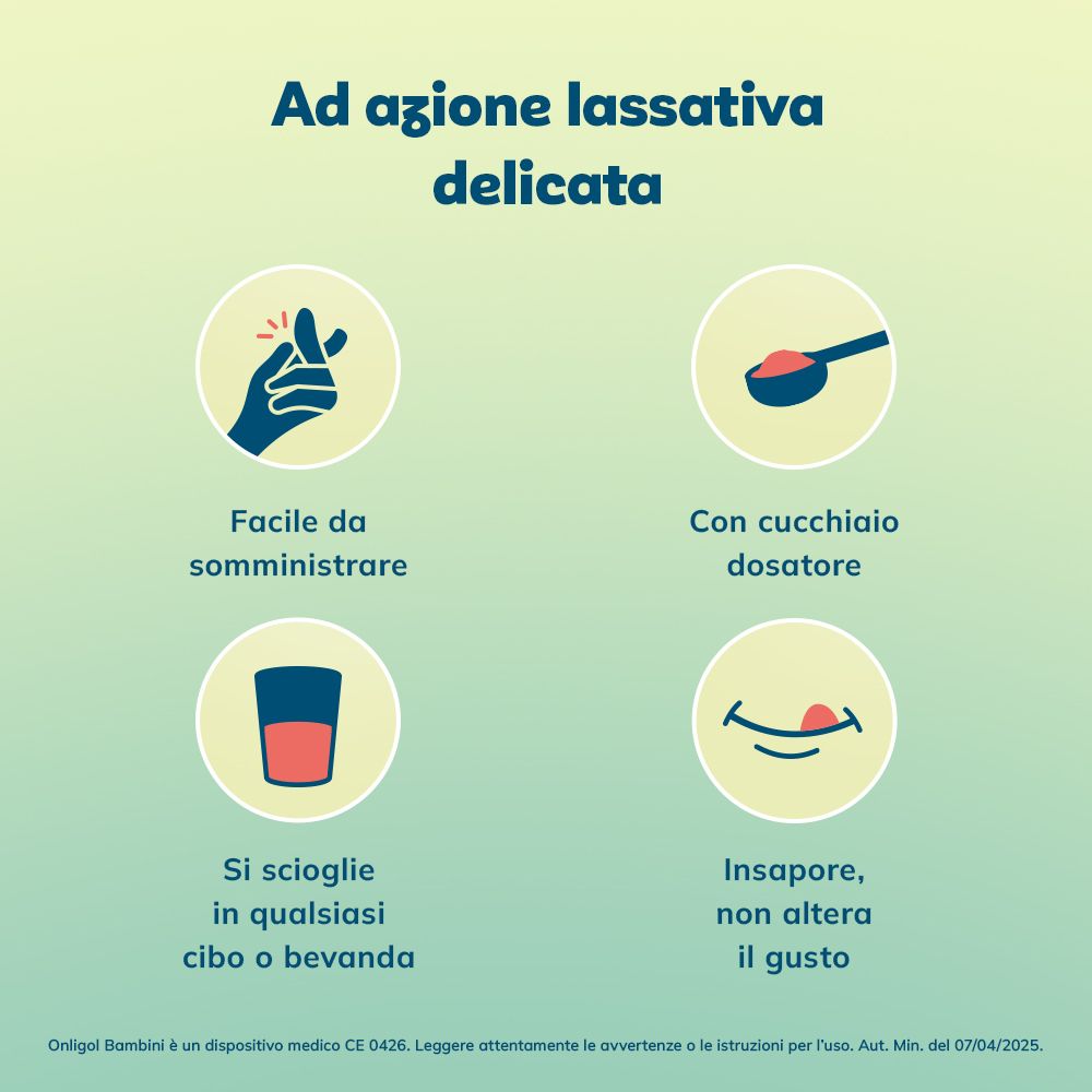 Quattro illustrazioni: facile da somministrare, con cucchiaio dosatore, si scioglie in bevande, insapore.