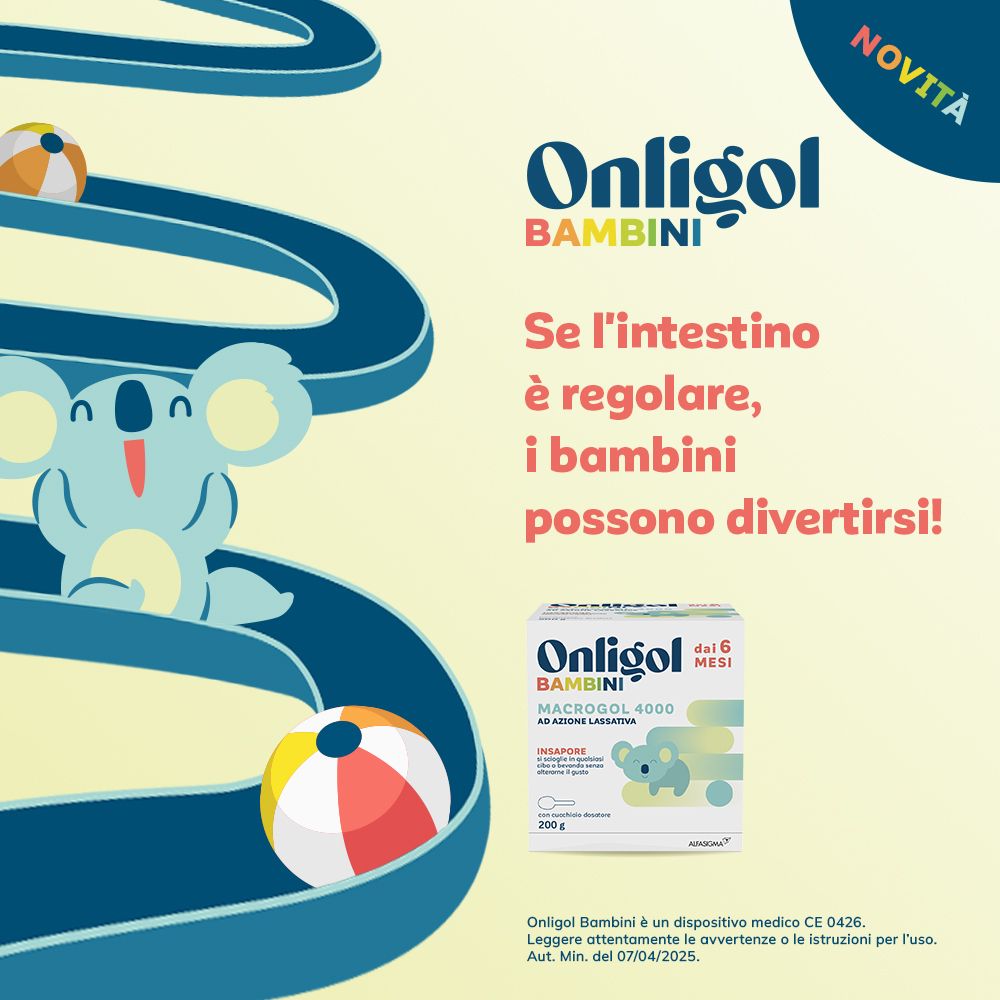 Onligol Bambini. Illustrazione koala. Confezione del prodotto. Se l'intestino è regolare, i bambini possono divertirsi.