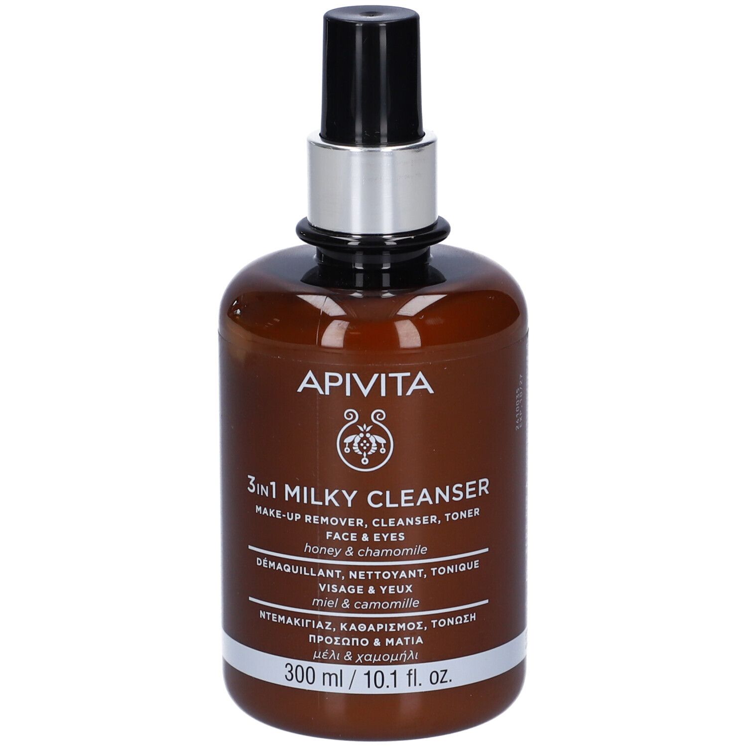 Flacone marrone con erogatore nero. Scritta: Apivita, 3in1 Milky Cleanser. 300 ml.